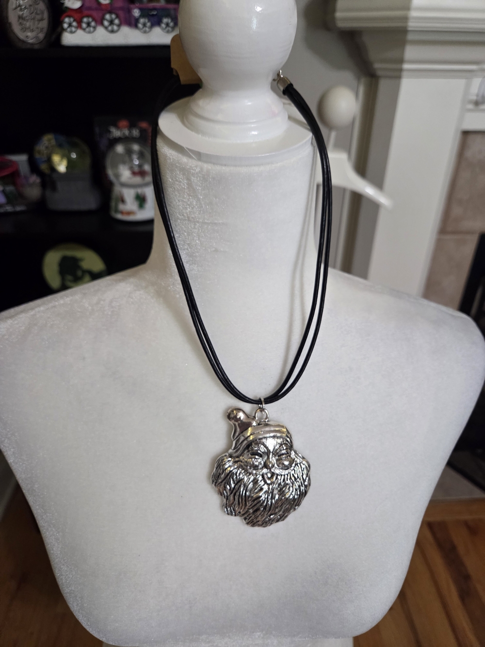 Silver Santa Face Pendant Necklace in Black Cord
